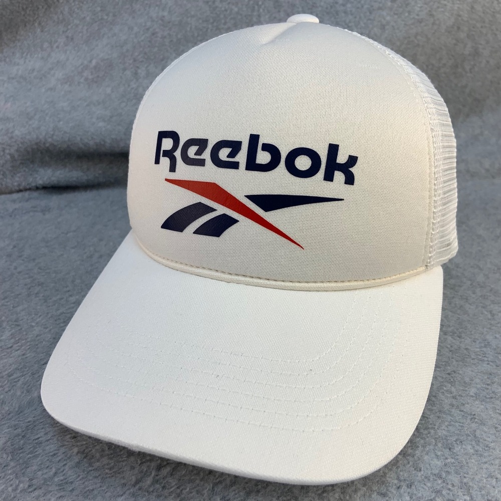 Reebok Logo Mens White Reebok Trucker Hat Snapback Mesh OSFM